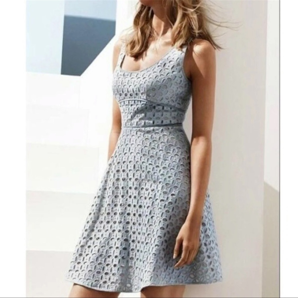 LOFT Blue Cotton Eyelet Fit and Flare Dress, Lined